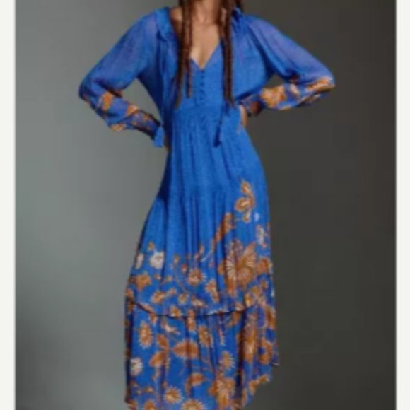 Anthropologie Printed Chiffon Dark Blue Marais Maxi Dress - Picture 1 of 3